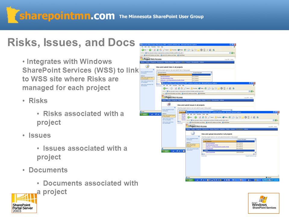 Integrates with Windows SharePoint Services (WSS) to link to WSS site where Risks are managed for each project Risks Risks associated with a project Issues Issues associated with a project Documents Documents associated with a project Risks, Issues, and Docs