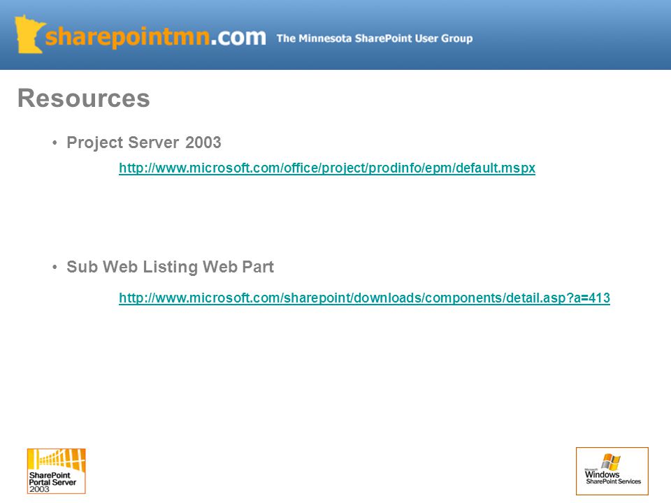 Project Server Sub Web Listing Web Part   a=413 Resources