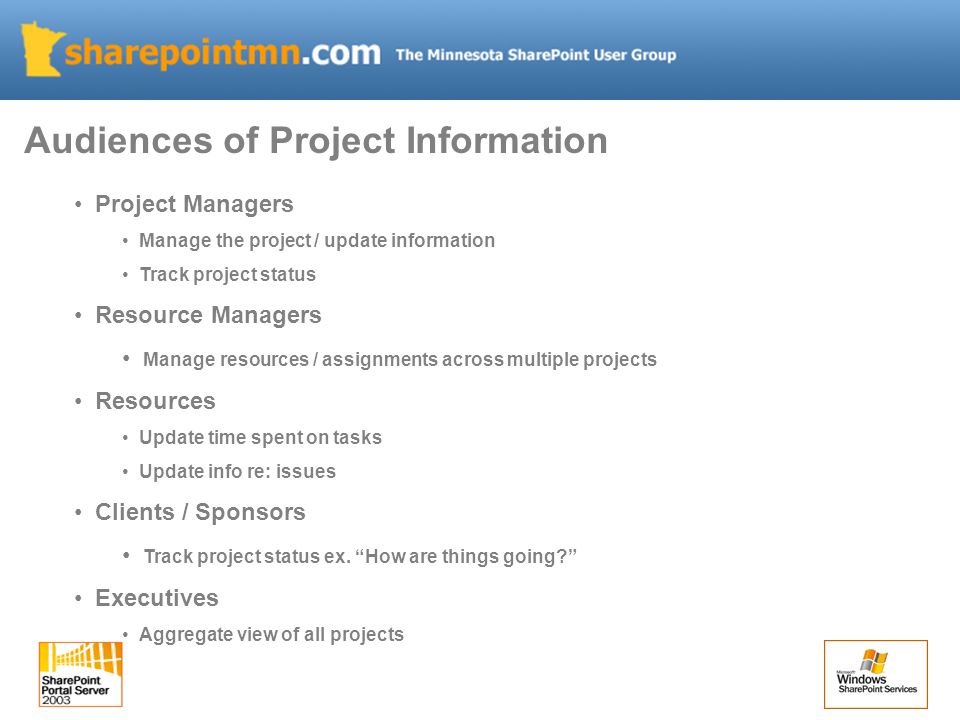 Project Managers Manage the project / update information Track project status Resource Managers Manage resources / assignments across multiple projects Resources Update time spent on tasks Update info re: issues Clients / Sponsors Track project status ex.