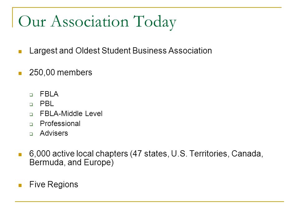 Our Association Today Largest and Oldest Student Business Association 250,00 members  FBLA  PBL  FBLA-Middle Level  Professional  Advisers 6,000 active local chapters (47 states, U.S.