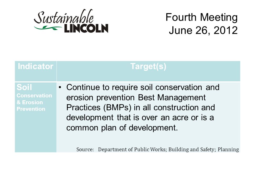 Fourth Meeting June 26, 2012 IndicatorTarget(s) Soil Conservation & Erosion Prevention Continue to require soil conservation and erosion prevention Best Management Practices (BMPs) in all construction and development that is over an acre or is a common plan of development.