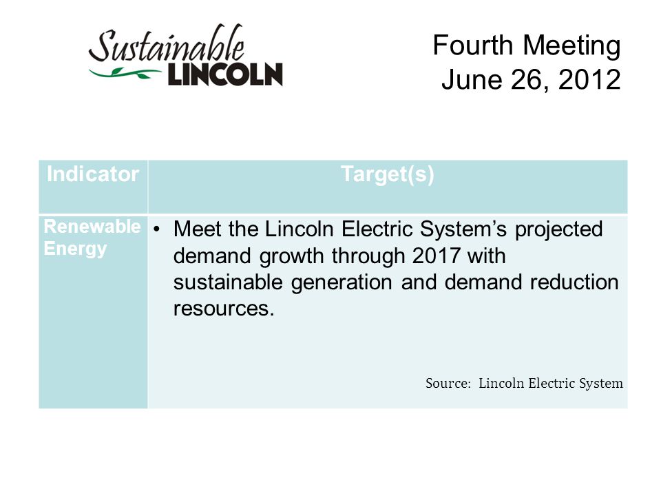 Fourth Meeting June 26, 2012 IndicatorTarget(s) Renewable Energy Meet the Lincoln Electric System’s projected demand growth through 2017 with sustainable generation and demand reduction resources.