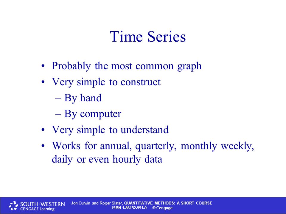 Jon Curwin and Roger Slater, QUANTITATIVE METHODS: A SHORT COURSE ISBN © Cengage Time Series Probably the most common graph Very simple to construct –By hand –By computer Very simple to understand Works for annual, quarterly, monthly weekly, daily or even hourly data