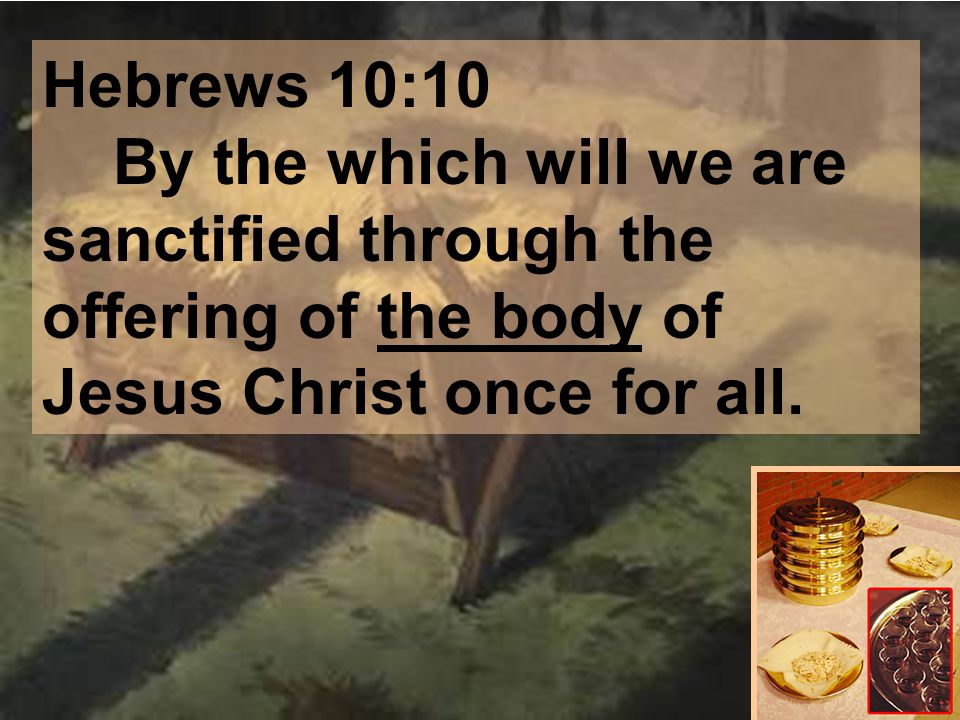 Hebrews 10:10 By the which will we are sanctified through the offering of the body of Jesus Christ once for all.