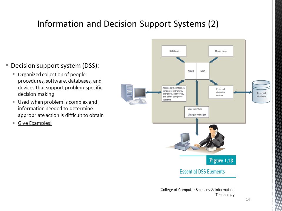  Decision support system (DSS):  Organized collection of people, procedures, software, databases, and devices that support problem-specific decision making  Used when problem is complex and information needed to determine appropriate action is difficult to obtain  Give Examples.