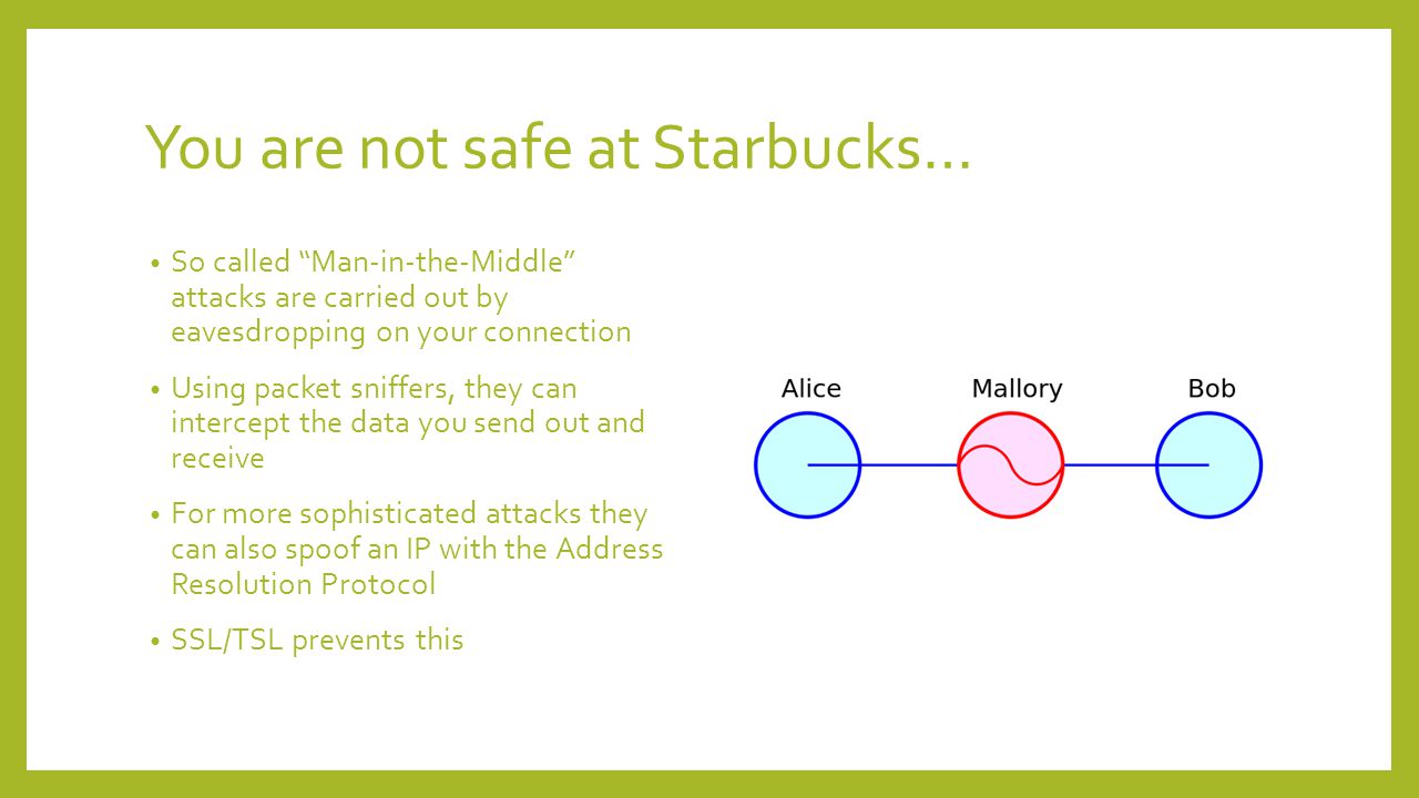 You are not safe at Starbucks… So called Man-in-the-Middle attacks are carried out by eavesdropping on your connection Using packet sniffers, they can intercept the data you send out and receive For more sophisticated attacks they can also spoof an IP with the Address Resolution Protocol SSL/TSL prevents this
