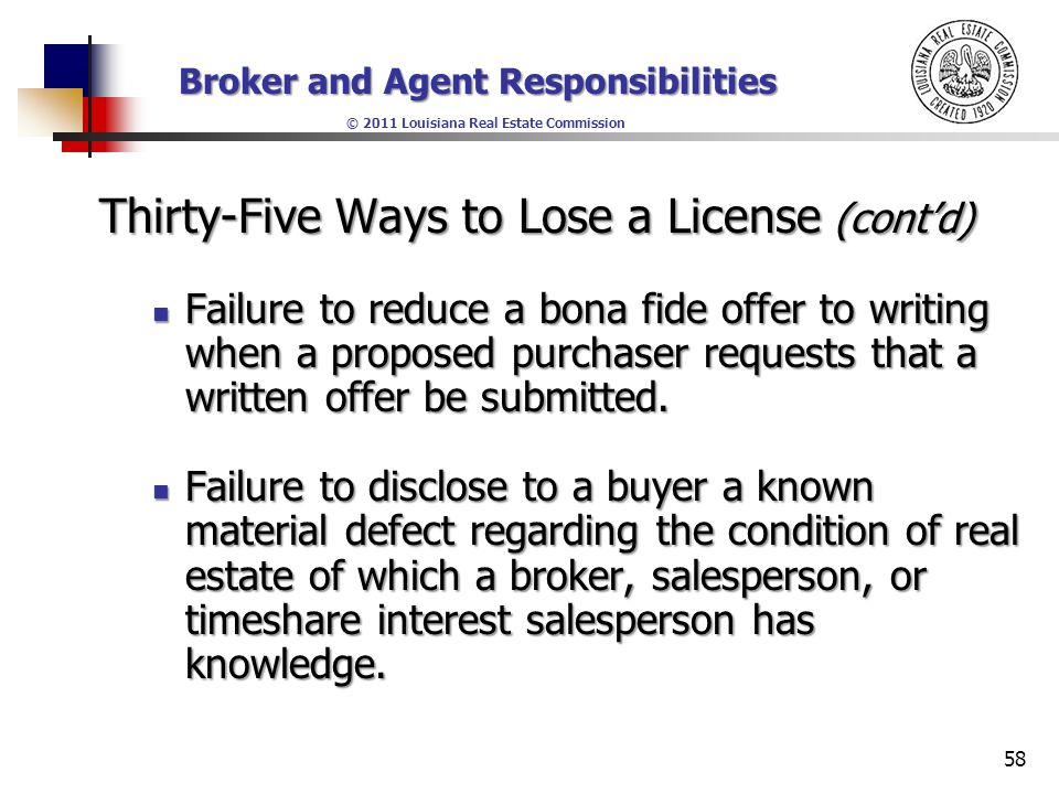 Broker and Agent Responsibilities © 2011 Louisiana Real Estate Commission 1 Lesson 2 Louisiana Law and Regulations - Part II. - ppt download - 웹