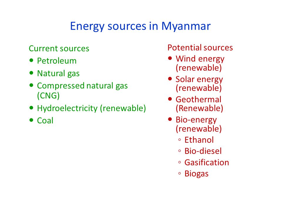 Energy sources in Myanmar Current sources Petroleum Natural gas Compressed natural gas (CNG) Hydroelectricity (renewable) Coal Potential sources Wind energy (renewable) Solar energy (renewable) Geothermal (Renewable) Bio-energy (renewable) ◦ Ethanol ◦ Bio-diesel ◦ Gasification ◦ Biogas