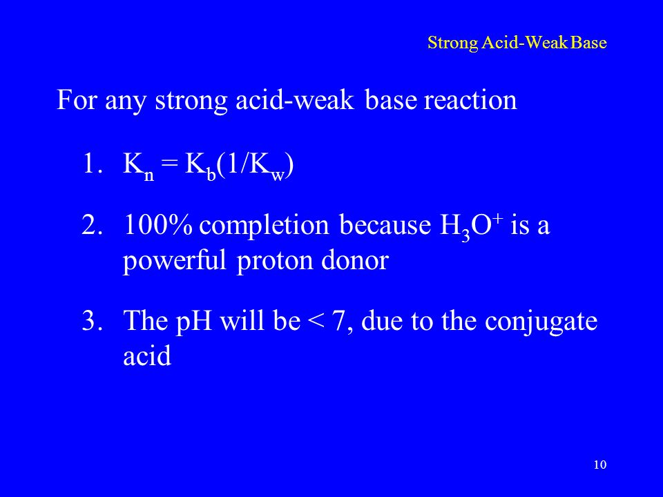 Strong Acid-Weak Base For any strong acid-weak base reaction 1.