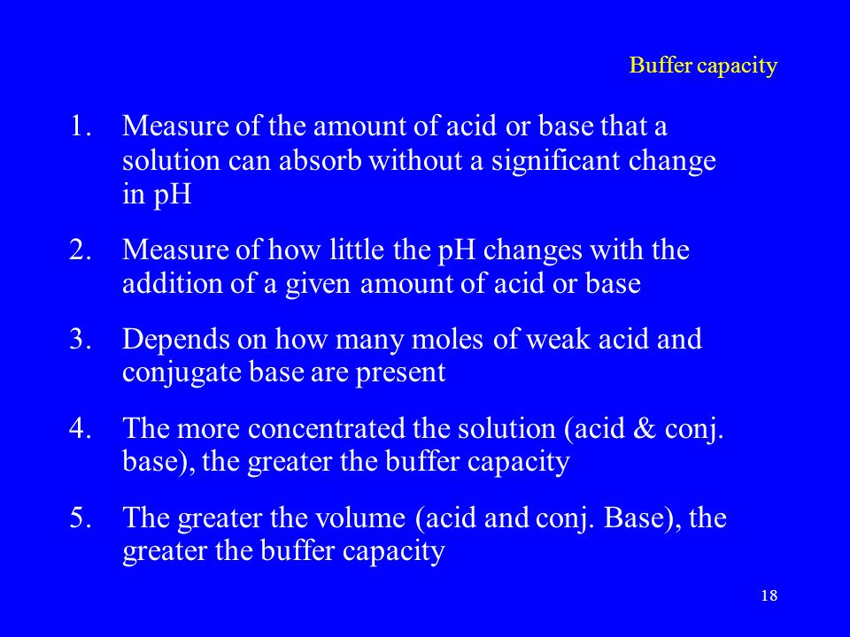 Buffer capacity 1.Measure of the amount of acid or base that a solution can absorb without a significant change in pH 2.