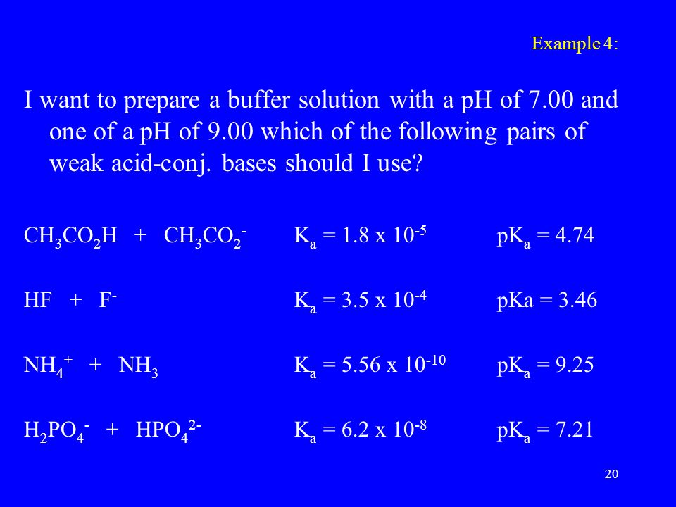 Example 4: I want to prepare a buffer solution with a pH of 7.00 and one of a pH of 9.00 which of the following pairs of weak acid-conj.
