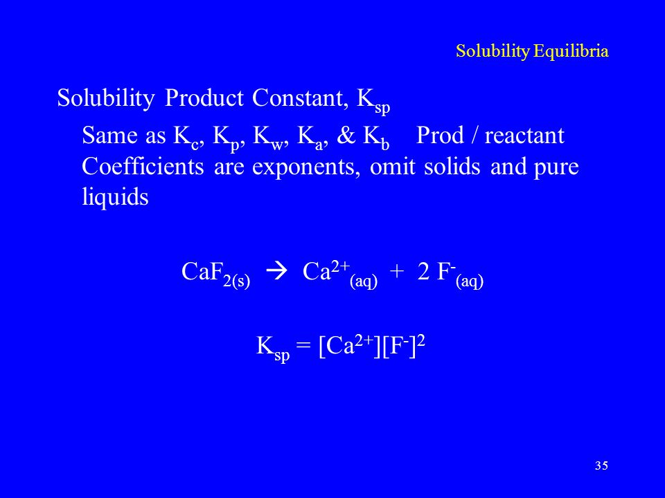 Solubility Equilibria Solubility Product Constant, K sp Same as K c, K p, K w, K a, & K b Prod / reactant Coefficients are exponents, omit solids and pure liquids CaF 2(s)  Ca 2+ (aq) + 2 F - (aq) K sp = [Ca 2+ ][F - ] 2 35