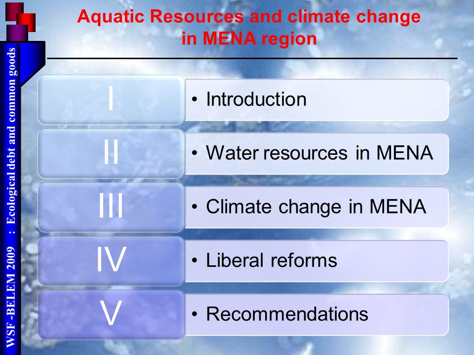 WSF -BELEM 2009 : Ecological debt and common goods Aquatic Resources and climate change in MENA region Introduction I Water resources in MENA II Climate change in MENA III Liberal reforms IV Recommendations V