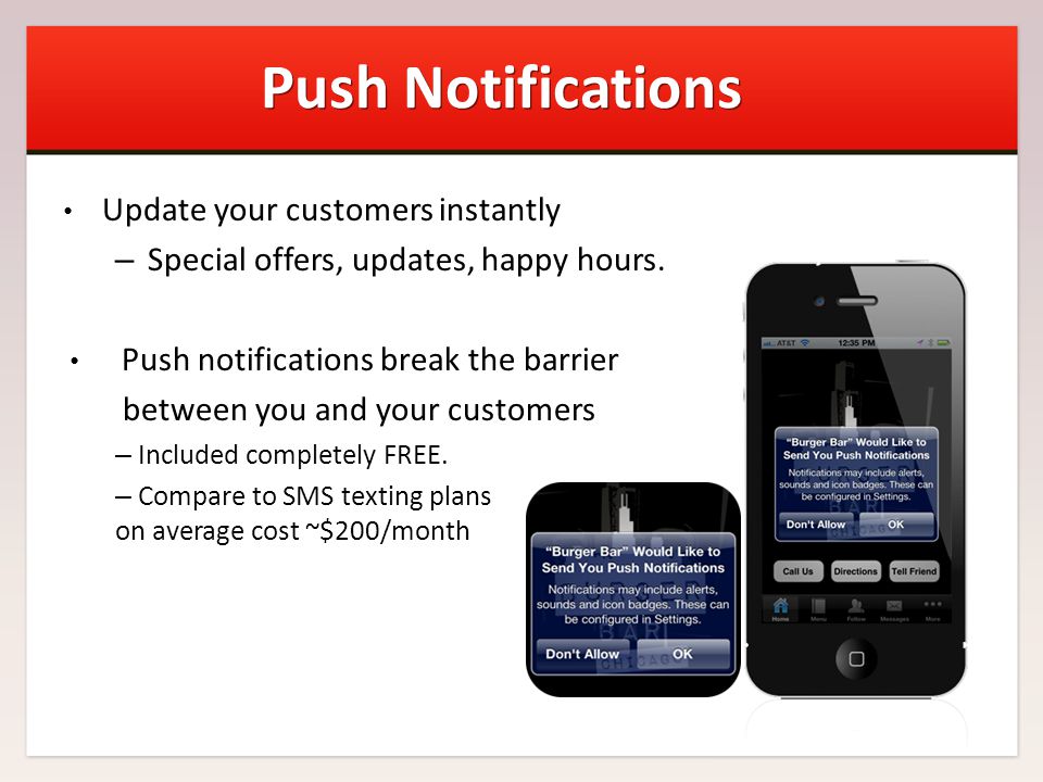 Push Notifications Update your customers instantly – Special offers, updates, happy hours.