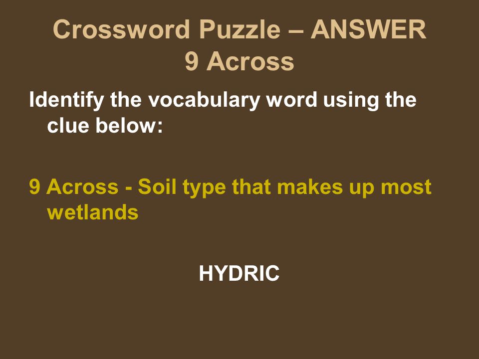 Crossword Puzzle – ANSWER 9 Across Identify the vocabulary word using the clue below: 9 Across - Soil type that makes up most wetlands HYDRIC