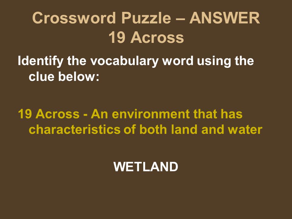 Crossword Puzzle – ANSWER 19 Across Identify the vocabulary word using the clue below: 19 Across - An environment that has characteristics of both land and water WETLAND