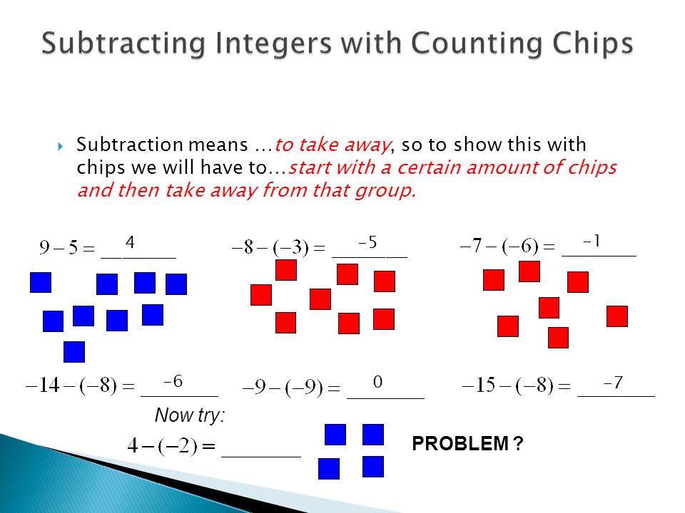  Subtraction means …to take away, so to show this with chips we will have to…start with a certain amount of chips and then take away from that group.