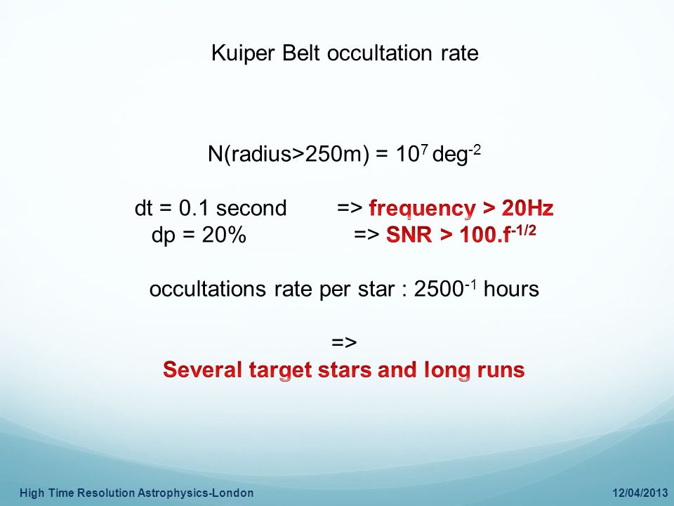 High Time Resolution Astrophysics-London 12/04/2013 Kuiper Belt occultation rate