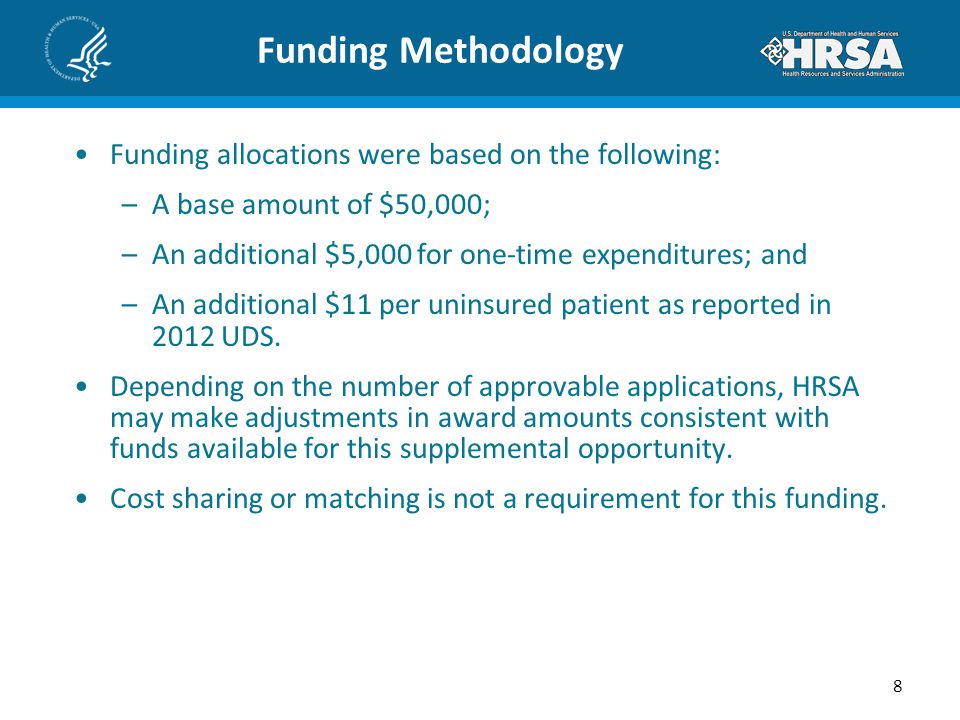 Funding Methodology Funding allocations were based on the following: –A base amount of $50,000; –An additional $5,000 for one-time expenditures; and –An additional $11 per uninsured patient as reported in 2012 UDS.