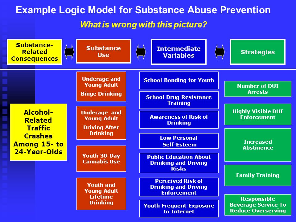 Example Logic Model for Substance Abuse Prevention Alcohol- Related Traffic Crashes Among 15- to 24-Year-Olds Youth Frequent Exposure to Internet School Bonding for Youth Awareness of Risk of Drinking Increased Abstinence Family Training Public Education About Drinking and Driving Risks Perceived Risk of Drinking and Driving Enforcement School Drug Resistance Training Underage and Young Adult Driving After Drinking Highly Visible DUI Enforcement Responsible Beverage Service To Reduce Overserving Youth 30-Day Cannabis Use Number of DUI Arrests Intermediate Variables Strategies Substance- Related Consequences Substance Use Low Personal Self-Esteem Youth and Young Adult Lifetime Drinking Underage and Young Adult Binge Drinking What is wrong with this picture