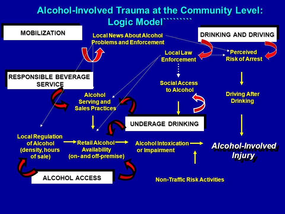 Alcohol-Involved Trauma at the Community Level: Logic Model````````` MOBILIZATIONMOBILIZATION DRINKING AND DRIVING UNDERAGE DRINKING ALCOHOL ACCESS RESPONSIBLE BEVERAGE SERVICE SERVICE Non-Traffic Risk Activities Local News About Alcohol Problems and Enforcement Retail Alcohol Availability (on- and off-premise) Alcohol Intoxication or Impairment or Impairment Alcohol-InvolvedInjuryAlcohol-InvolvedInjury Driving After Drinking Perceived Risk of Arrest Local Law Enforcement Social Access to Alcohol Alcohol Serving and Sales Practices Local Regulation of Alcohol (density, hours of sale)