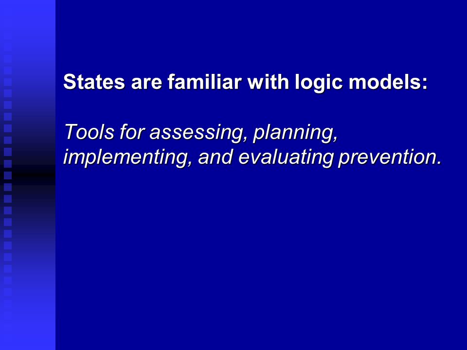 States are familiar with logic models: Tools for assessing, planning, implementing, and evaluating prevention.