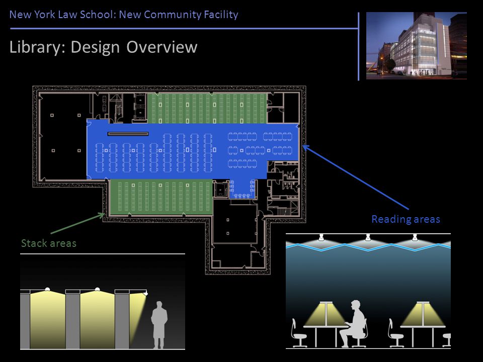 New York Law School: New Community Facility Library: Design Overview Stack areas Reading areas