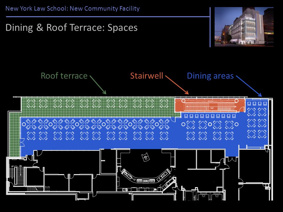 New York Law School: New Community Facility Dining & Roof Terrace: Spaces Dining areasRoof terraceStairwell