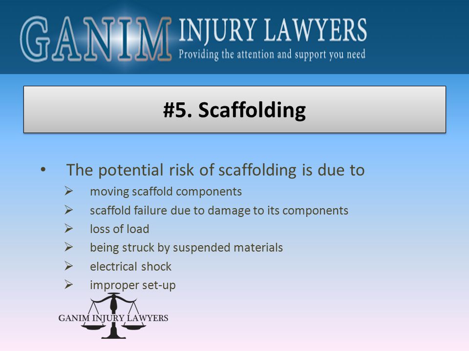 The potential risk of scaffolding is due to  moving scaffold components  scaffold failure due to damage to its components  loss of load  being struck by suspended materials  electrical shock  improper set-up #5.