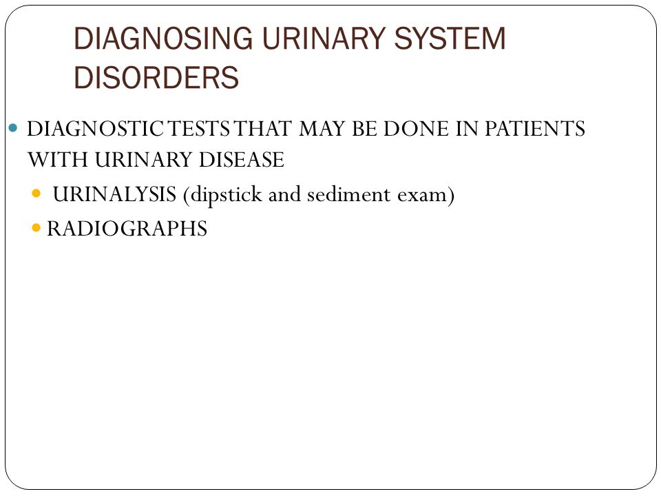 DIAGNOSING URINARY SYSTEM DISORDERS DIAGNOSTIC TESTS THAT MAY BE DONE IN PATIENTS WITH URINARY DISEASE URINALYSIS (dipstick and sediment exam) RADIOGRAPHS