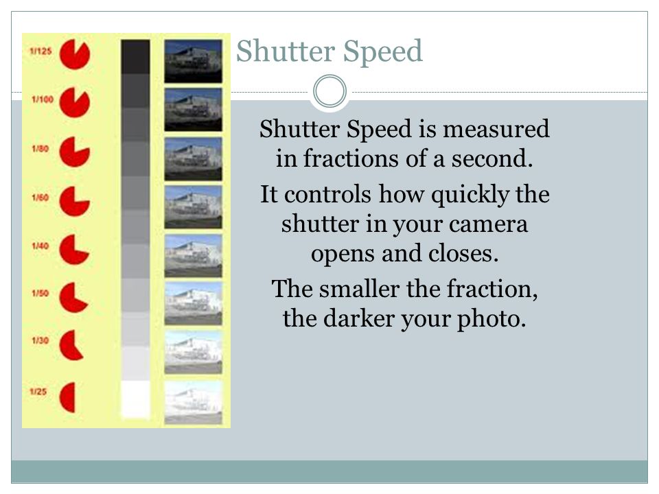 Shutter Speed Shutter Speed is measured in fractions of a second.