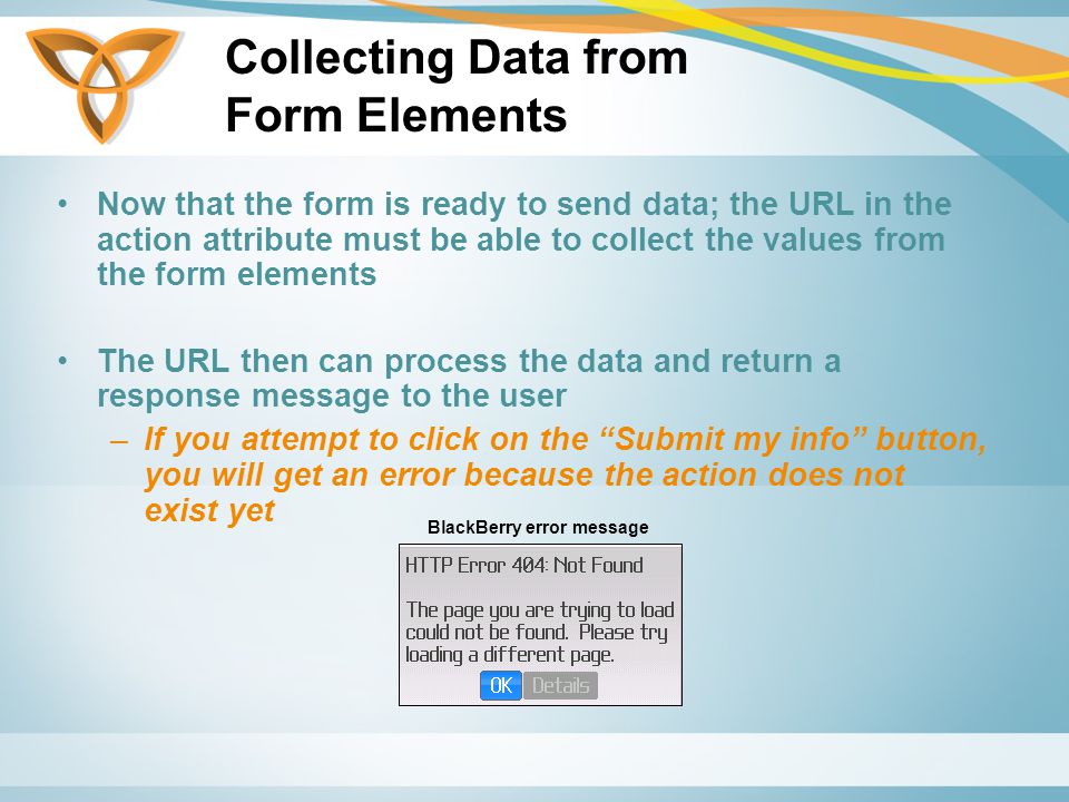 Collecting Data from Form Elements Now that the form is ready to send data; the URL in the action attribute must be able to collect the values from the form elements The URL then can process the data and return a response message to the user –If you attempt to click on the Submit my info button, you will get an error because the action does not exist yet BlackBerry error message