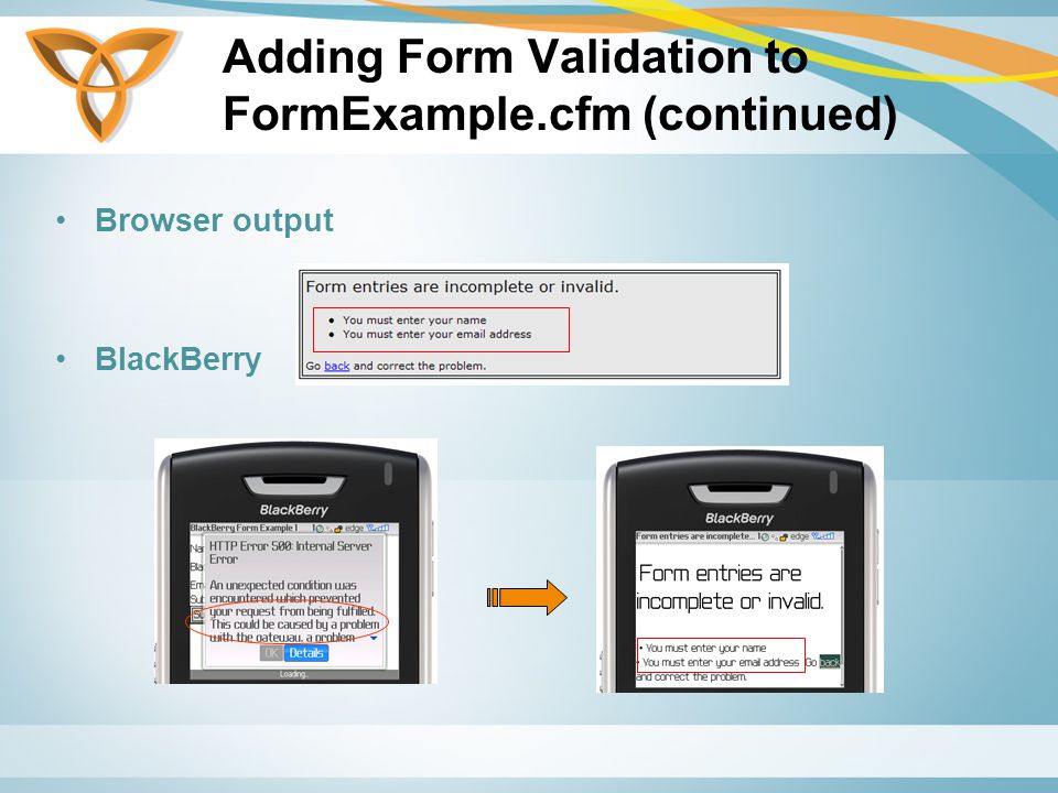 Adding Form Validation to FormExample.cfm (continued) Browser output BlackBerry
