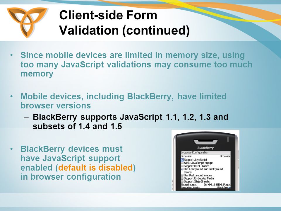 Client-side Form Validation (continued) Since mobile devices are limited in memory size, using too many JavaScript validations may consume too much memory Mobile devices, including BlackBerry, have limited browser versions –BlackBerry supports JavaScript 1.1, 1.2, 1.3 and subsets of 1.4 and 1.5 BlackBerry devices must have JavaScript support enabled (default is disabled) in browser configuration