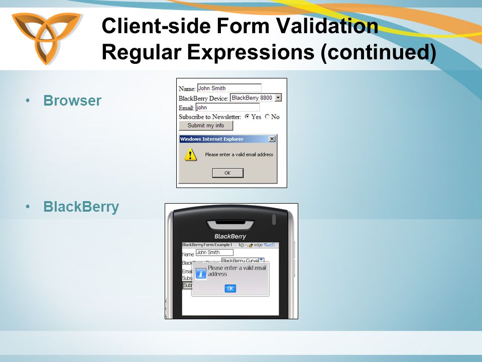 Client-side Form Validation Regular Expressions (continued) Browser BlackBerry