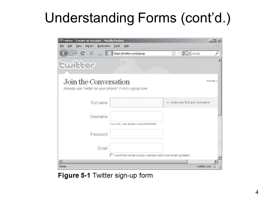 4 Figure 5-1 Twitter sign-up form Understanding Forms (cont’d.)