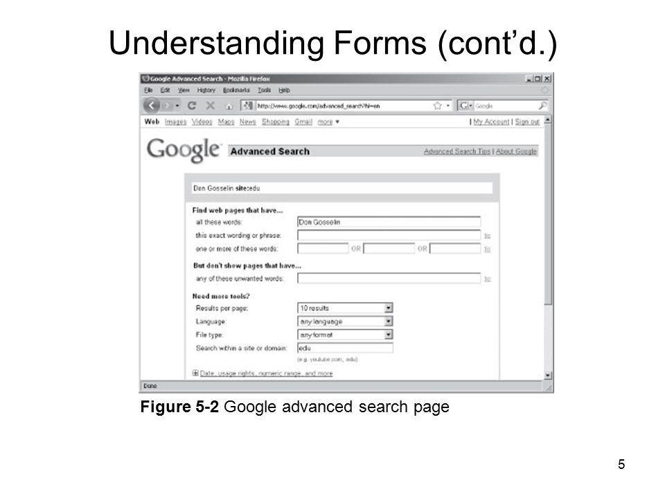 5 Figure 5-2 Google advanced search page Understanding Forms (cont’d.)