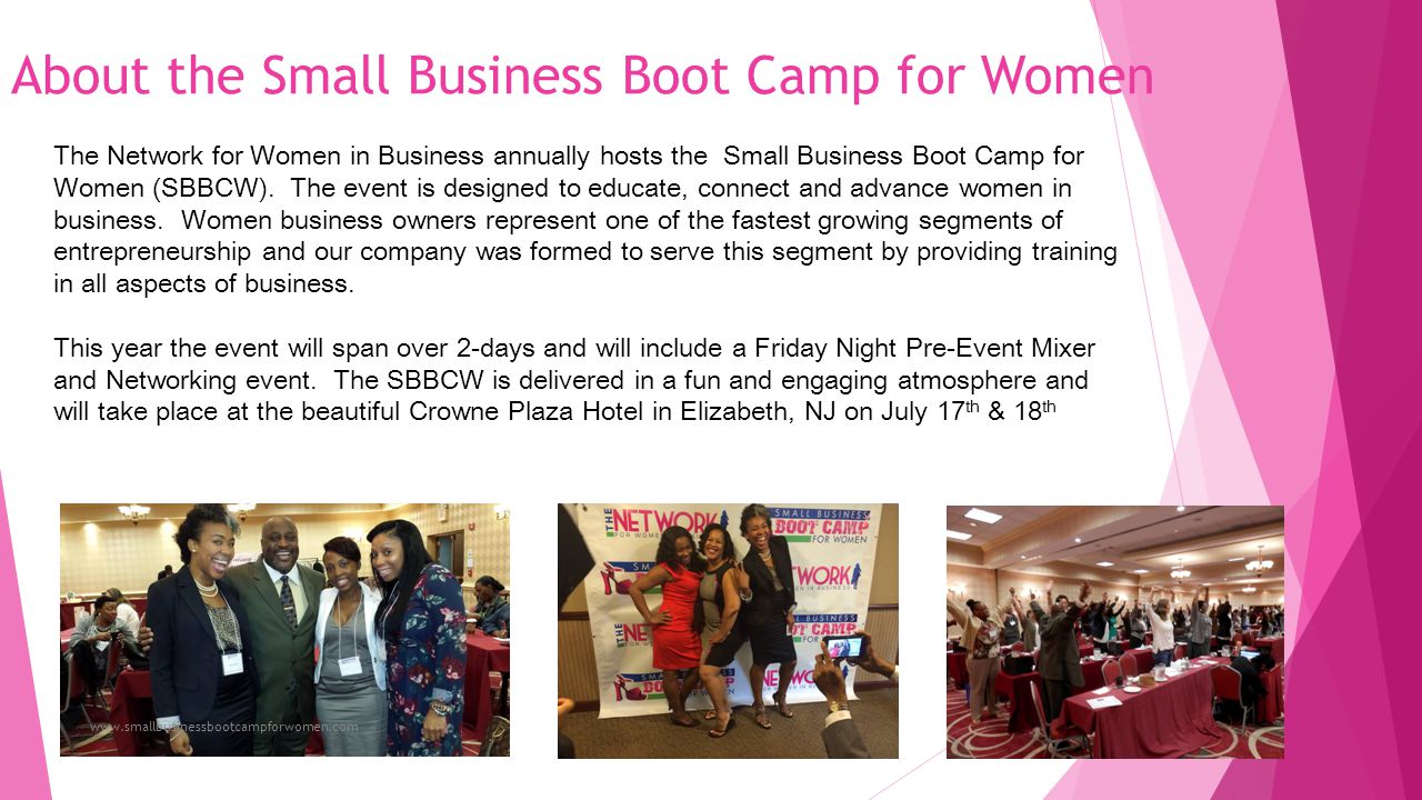 About the Small Business Boot Camp for Women The Network for Women in Business annually hosts the Small Business Boot Camp for Women (SBBCW).