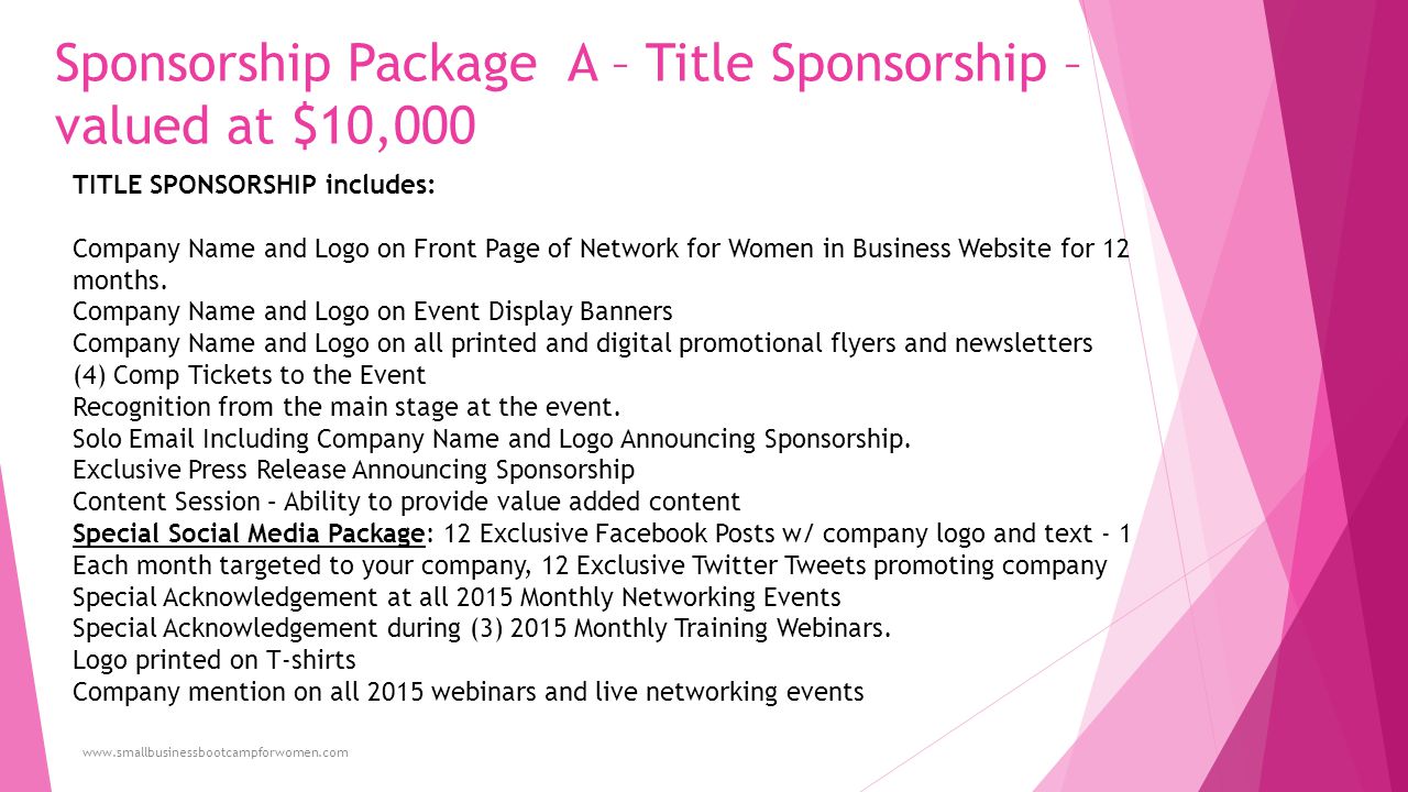 Sponsorship Package A – Title Sponsorship – valued at $10,000 TITLE SPONSORSHIP includes: Company Name and Logo on Front Page of Network for Women in Business Website for 12 months.