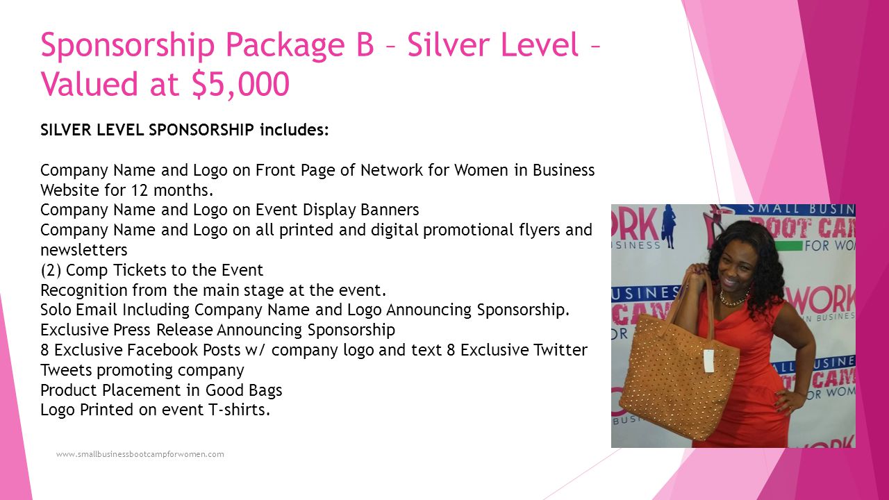 Sponsorship Package B – Silver Level – Valued at $5,000 SILVER LEVEL SPONSORSHIP includes: Company Name and Logo on Front Page of Network for Women in Business Website for 12 months.