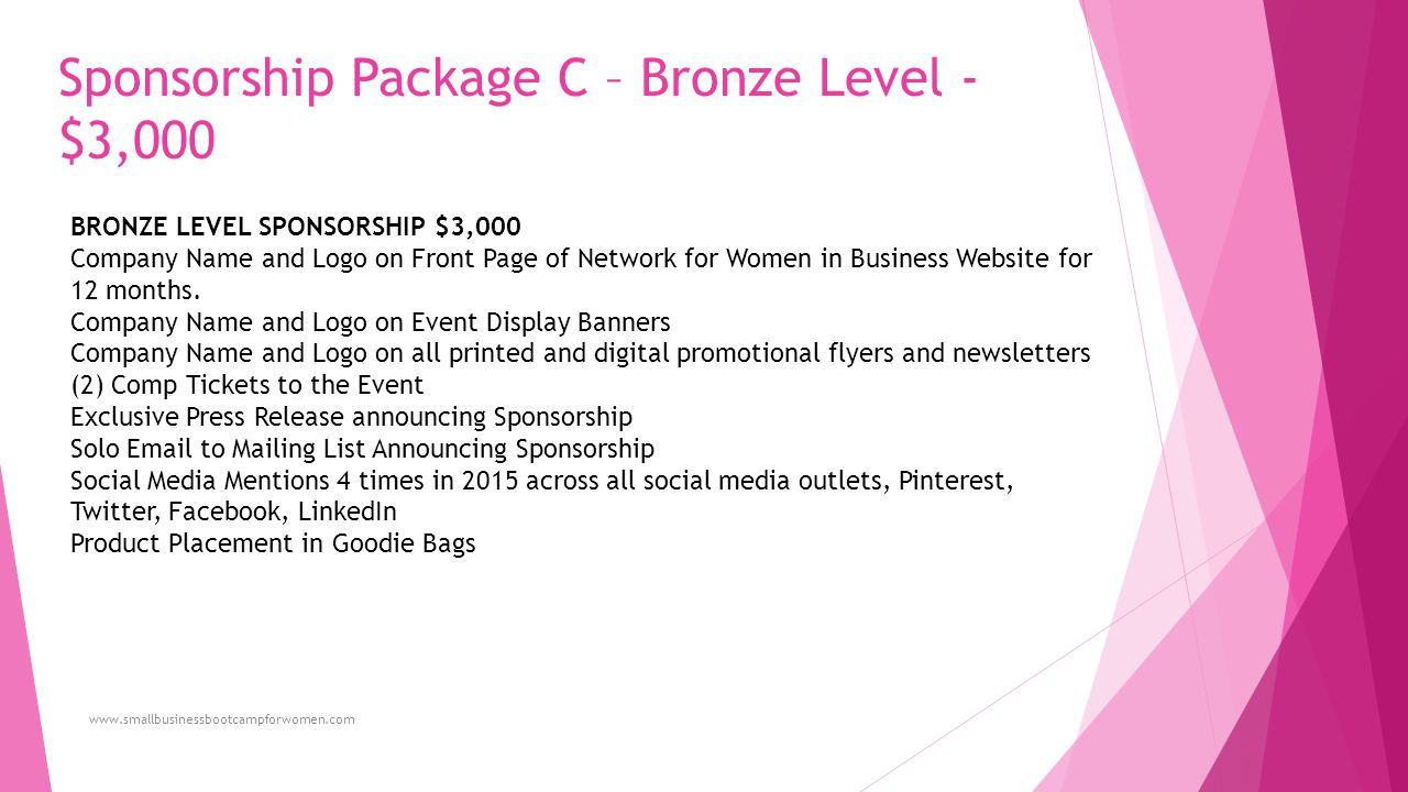 Sponsorship Package C – Bronze Level - $3,000 BRONZE LEVEL SPONSORSHIP $3,000 Company Name and Logo on Front Page of Network for Women in Business Website for 12 months.