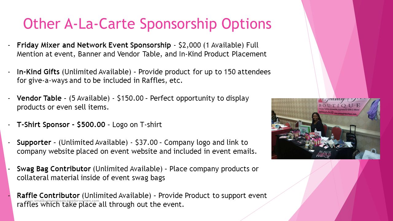 Other A-La-Carte Sponsorship Options -Friday Mixer and Network Event Sponsorship - $2,000 (1 Available) Full Mention at event, Banner and Vendor Table, and In-Kind Product Placement -In-Kind Gifts (Unlimited Available) – Provide product for up to 150 attendees for give-a-ways and to be included in Raffles, etc.