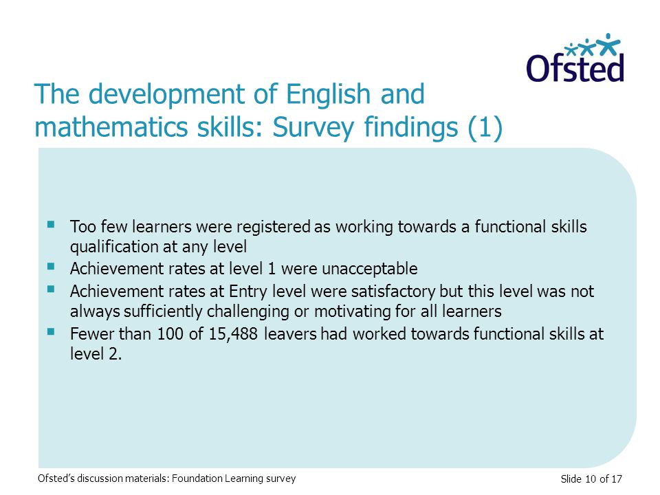 Slide 10 of 17  Too few learners were registered as working towards a functional skills qualification at any level  Achievement rates at level 1 were unacceptable  Achievement rates at Entry level were satisfactory but this level was not always sufficiently challenging or motivating for all learners  Fewer than 100 of 15,488 leavers had worked towards functional skills at level 2.