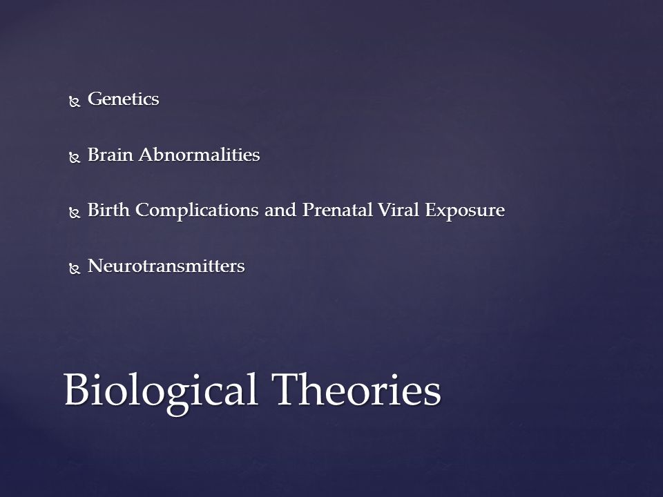  Genetics  Brain Abnormalities  Birth Complications and Prenatal Viral Exposure  Neurotransmitters Biological Theories