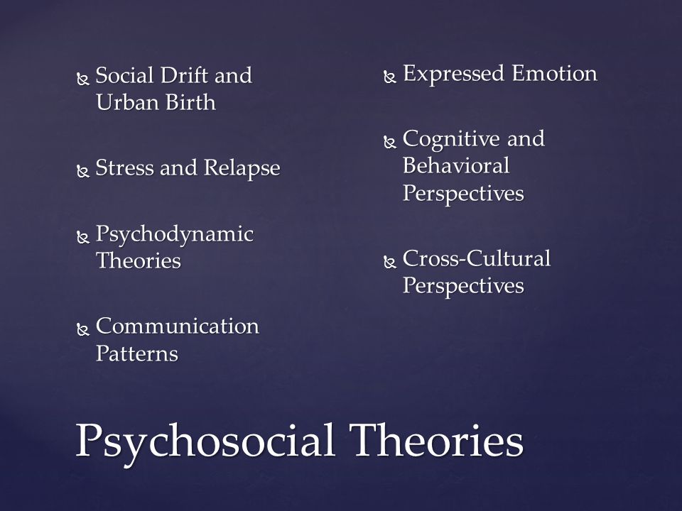 Psychosocial Theories  Social Drift and Urban Birth  Stress and Relapse  Psychodynamic Theories  Communication Patterns  Expressed Emotion  Cognitive and Behavioral Perspectives  Cross-Cultural Perspectives
