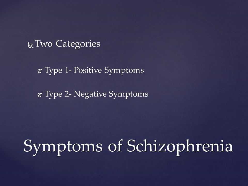  Two Categories  Type 1- Positive Symptoms  Type 2- Negative Symptoms Symptoms of Schizophrenia