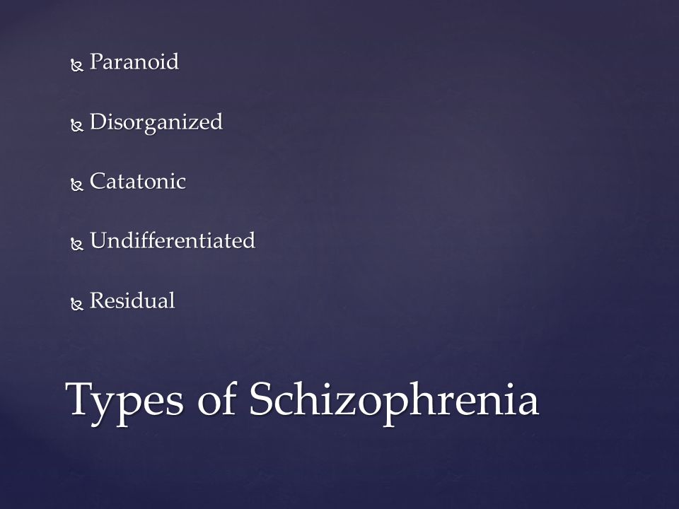  Paranoid  Disorganized  Catatonic  Undifferentiated  Residual Types of Schizophrenia