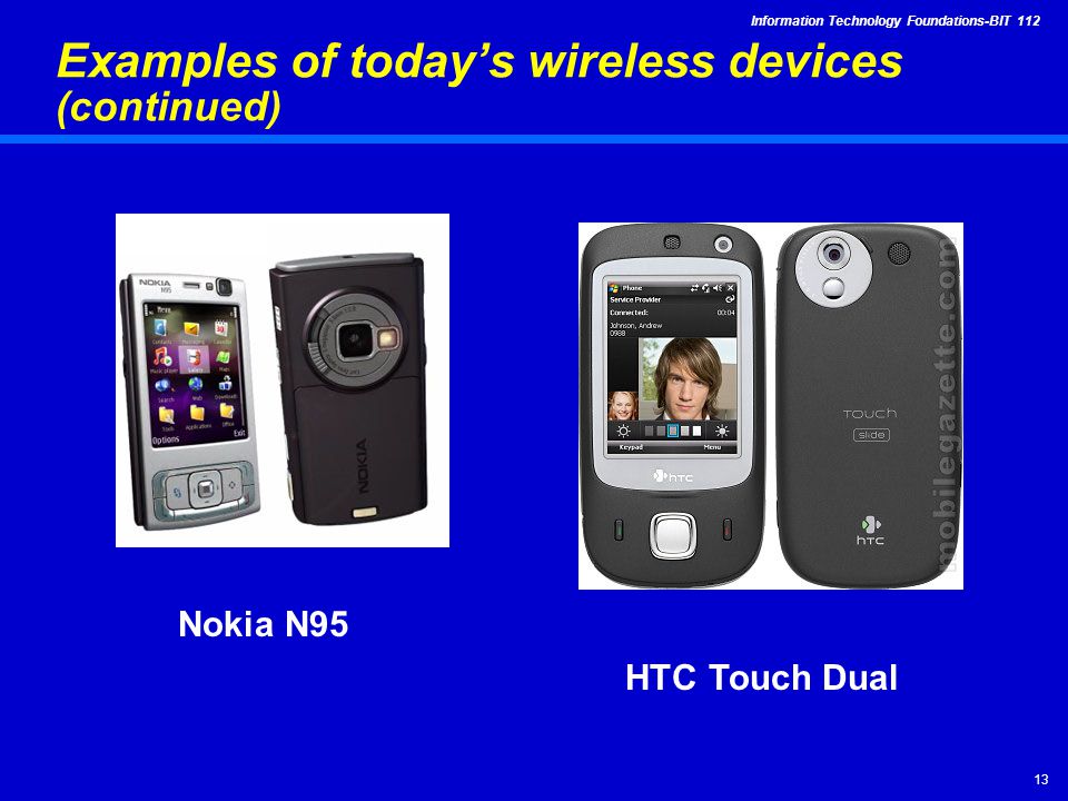 Information Technology Foundations-BIT Examples of today’s wireless devices (continued) Nokia N95 HTC Touch Dual