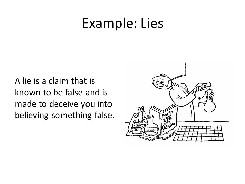 Example: Lies A lie is a claim that is known to be false and is made to deceive you into believing something false.