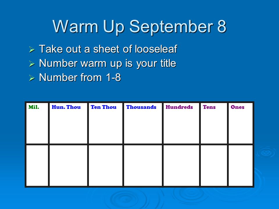 Warm Up September 8  Take out a sheet of looseleaf  Number warm up is your title  Number from 1-8 Mil.Hun.